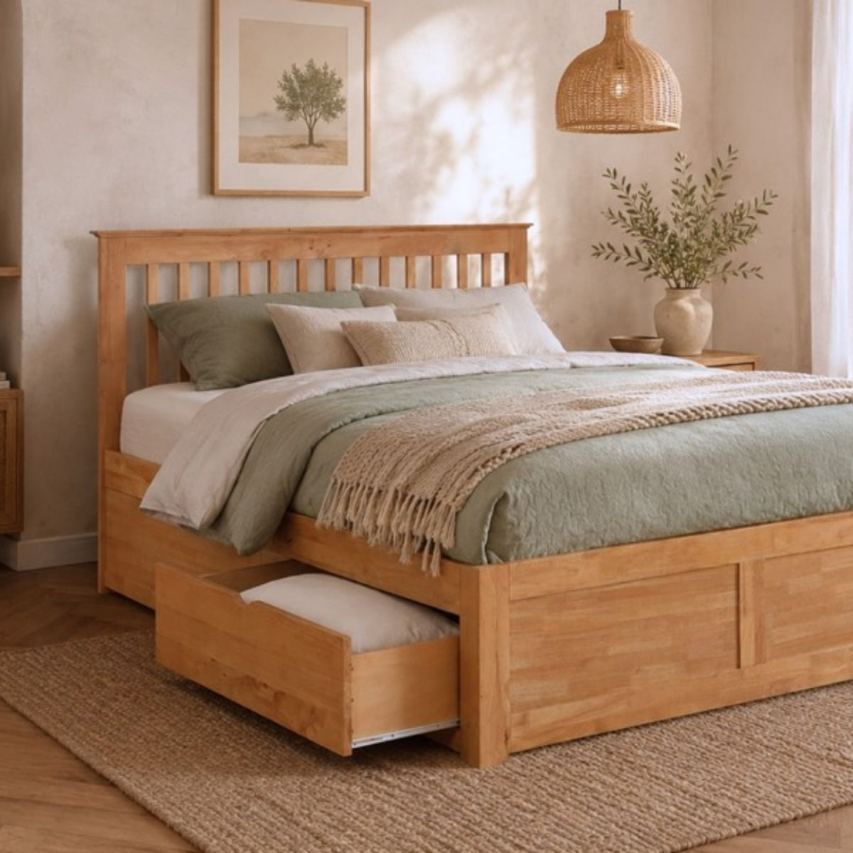 2026 Preston Hardwood Bed Frame with Fixed Drawer in Oak Finish