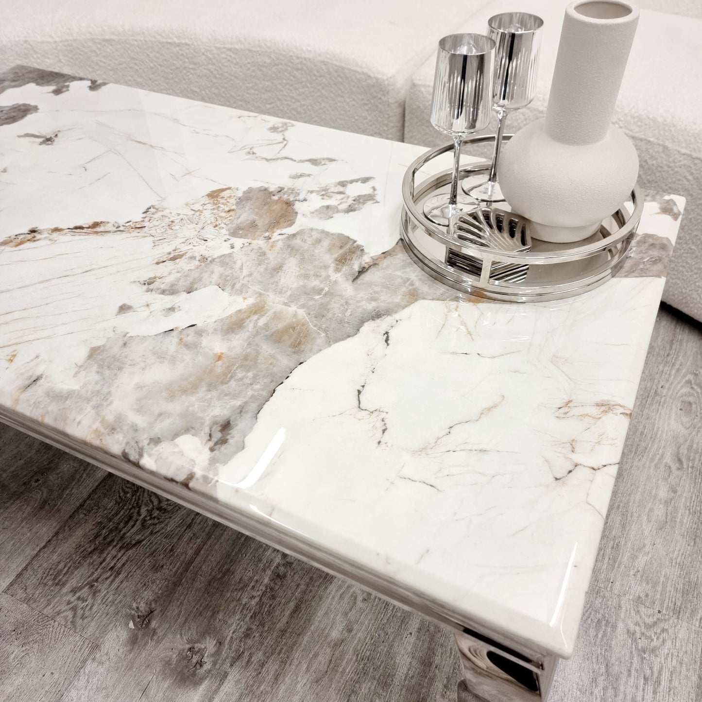 2026 Louis Chrome Coffee Table in White Marble