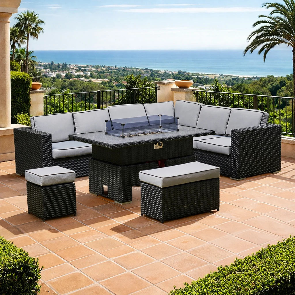 2026 Madrid 9-Seater L-Shaped Luxury Black Rattan Patio Set with Fire Pit Table