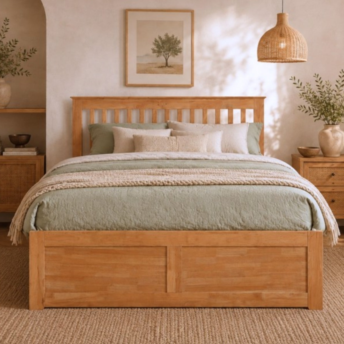 2026 Preston Hardwood Bed Frame with Fixed Drawer in Oak Finish