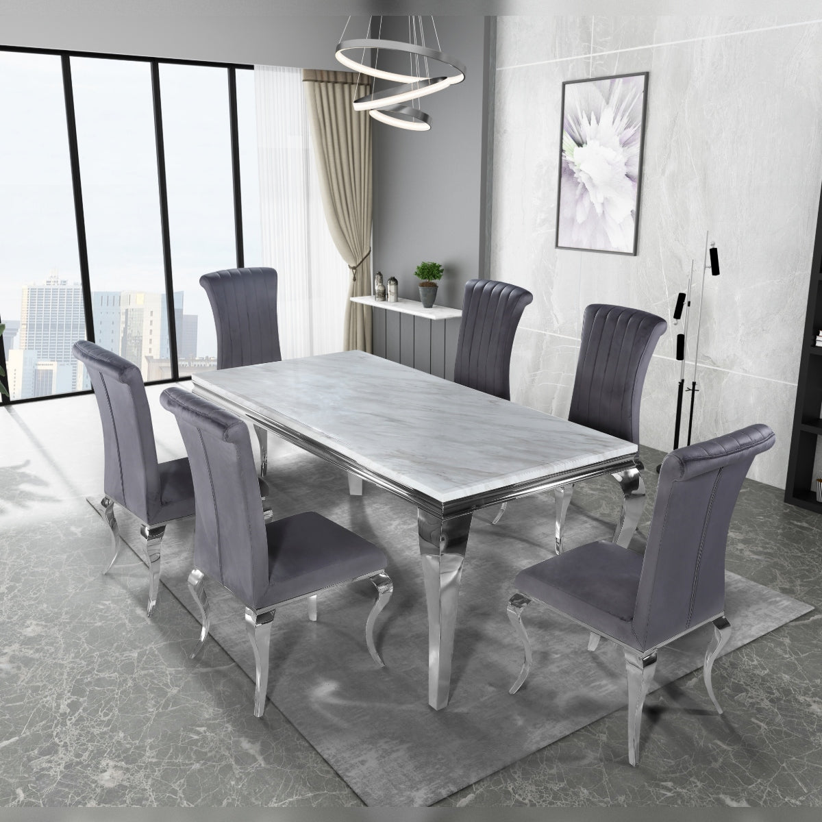 2026 Louis Chrome Dining Table in Light Grey Marble