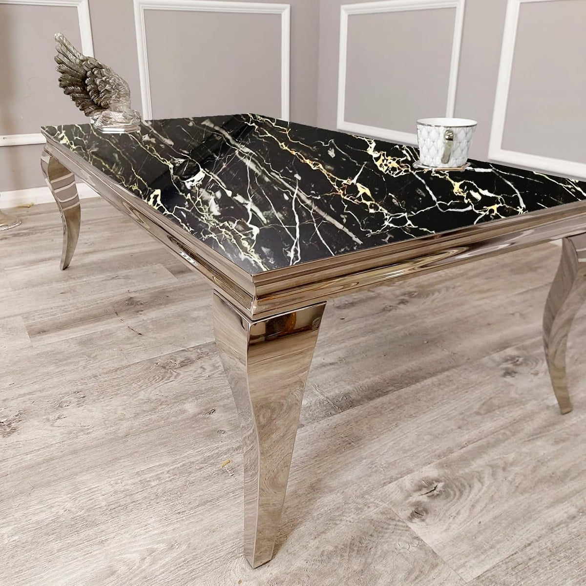 2026 Louis Chrome Dining Table in Black and Gold Marble