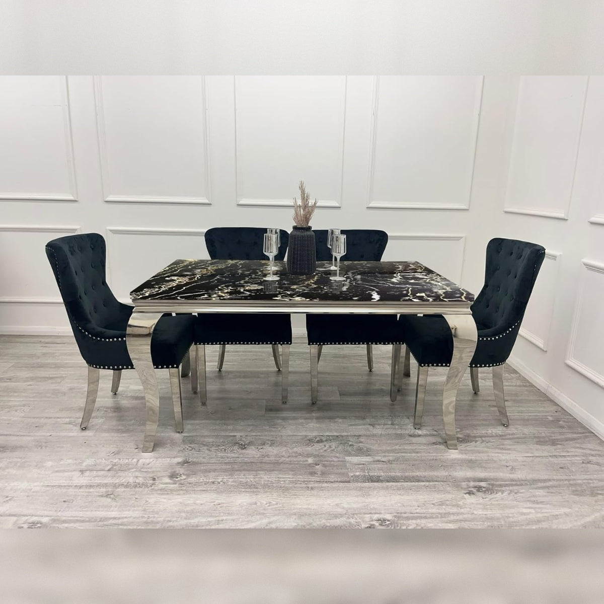 2026 Louis Chrome Dining Table in Black and Gold Marble