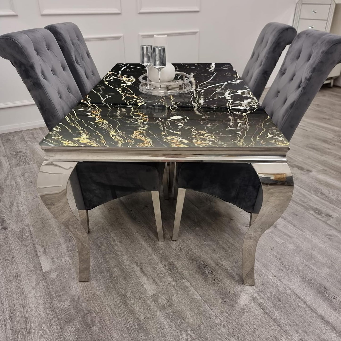 2026 Louis Chrome Dining Table in Black and Gold Marble