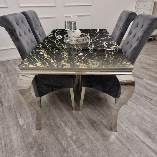 2026 Louis Chrome Dining Table in Black and Gold Marble
