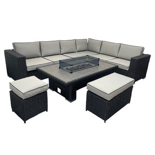 2026 Madrid 9-Seater L-Shaped Luxury Black Rattan Patio Set with Fire Pit Table