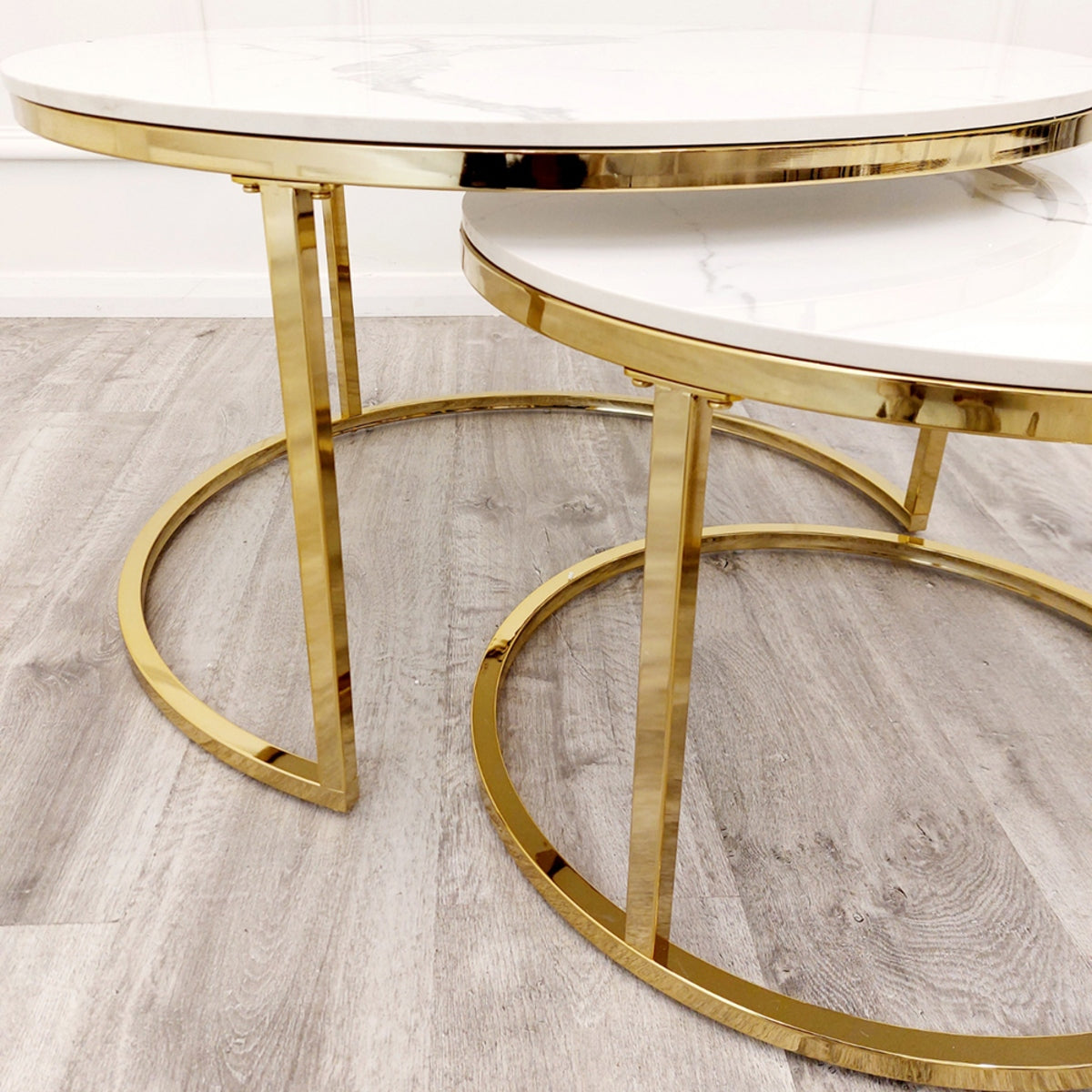 2026 Cato Nest of 2 Short Gold Coffee Tables with Polar White Sintered Stone Tops