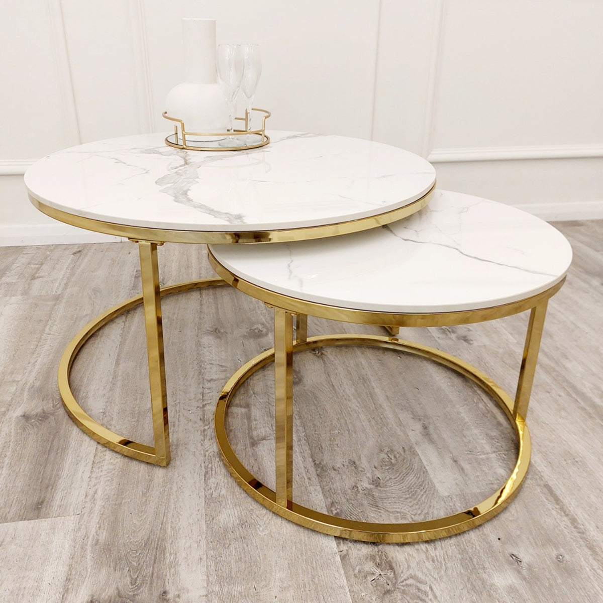 2026 Cato Nest of 2 Short Gold Coffee Tables with Polar White Sintered Stone Tops