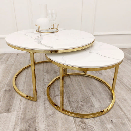 2026 Cato Nest of 2 Short Gold Coffee Tables with Polar White Sintered Stone Tops
