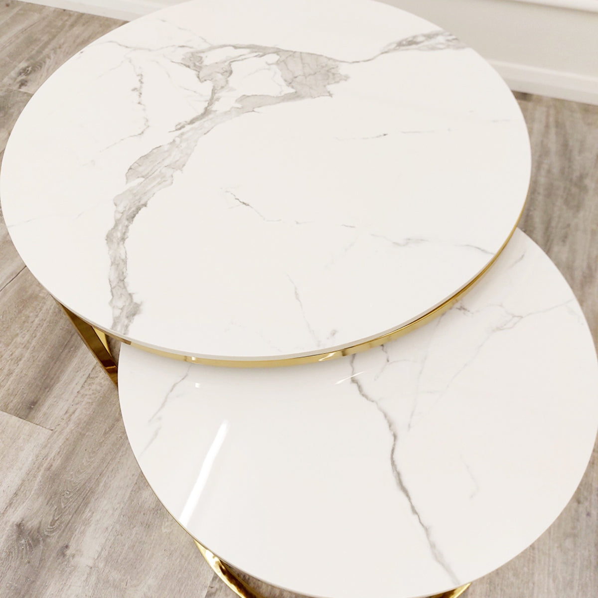 2026 Cato Nest of 2 Short Gold Coffee Tables with Polar White Sintered Stone Tops