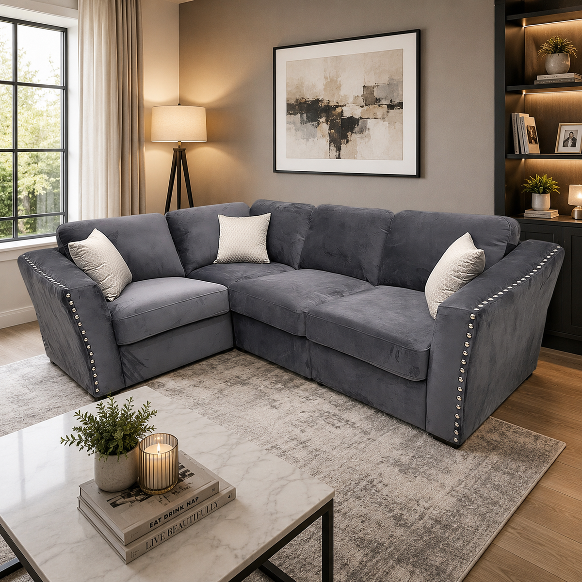 2026 Larkhall 4 piece Corner Sofa -  Steel - Nimbus Beds