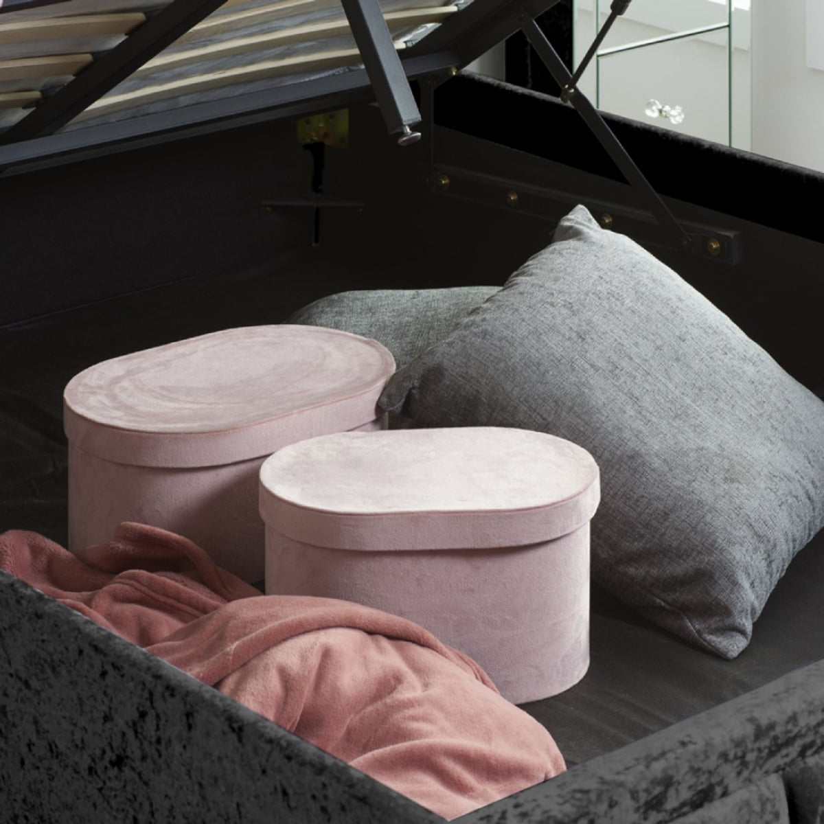 2026 Hannover Fabric Ottoman Bed - Black Crushed