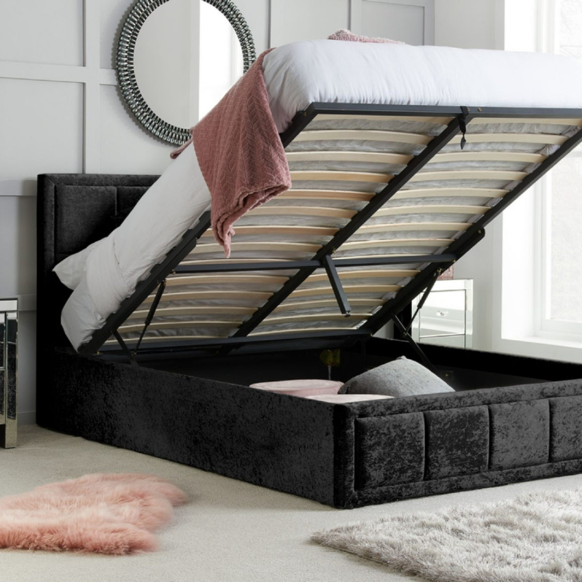2026 Hannover Fabric Ottoman Bed - Black Crushed