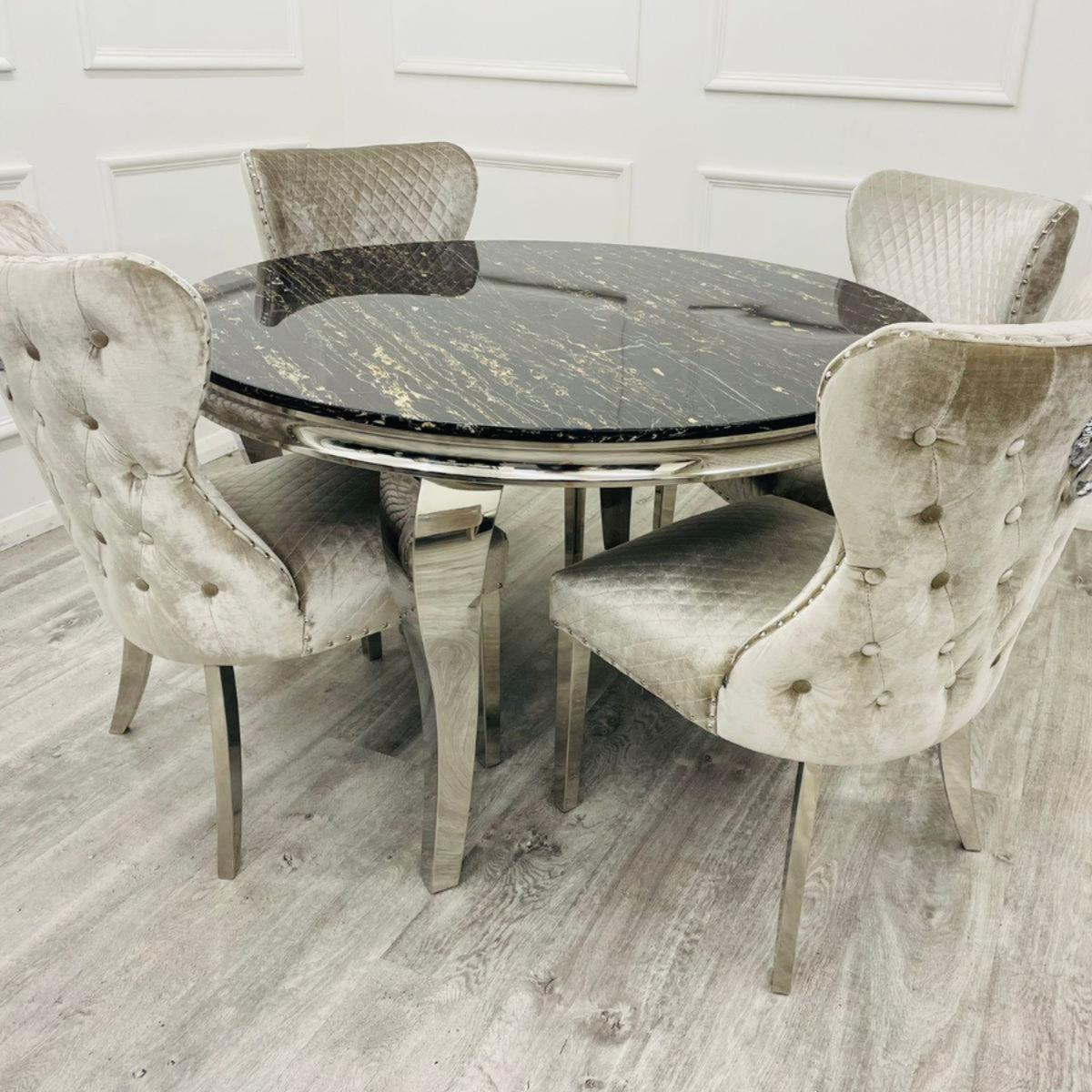 2026 Louis Chrome Dining Table in Black and Gold Marble