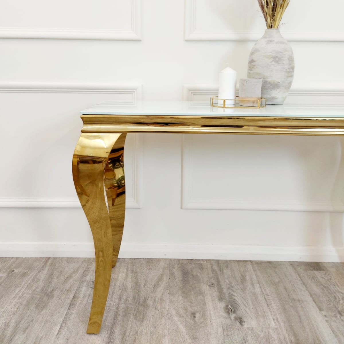 2026 Louis Gold Console Table in Polar White Sintered Stone