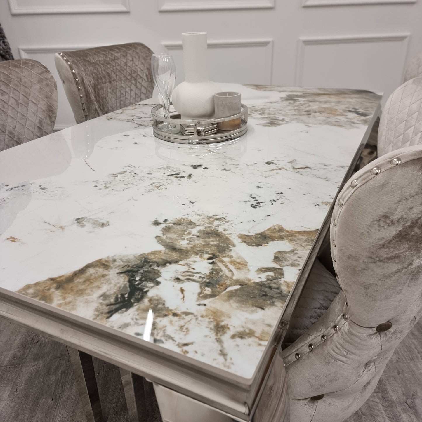 2026 Louis Chrome Dining Table in Pandora Marble