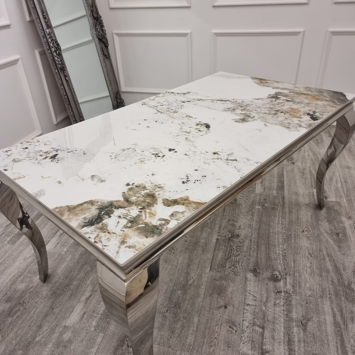 2026 Louis Chrome Dining Table in Pandora Marble