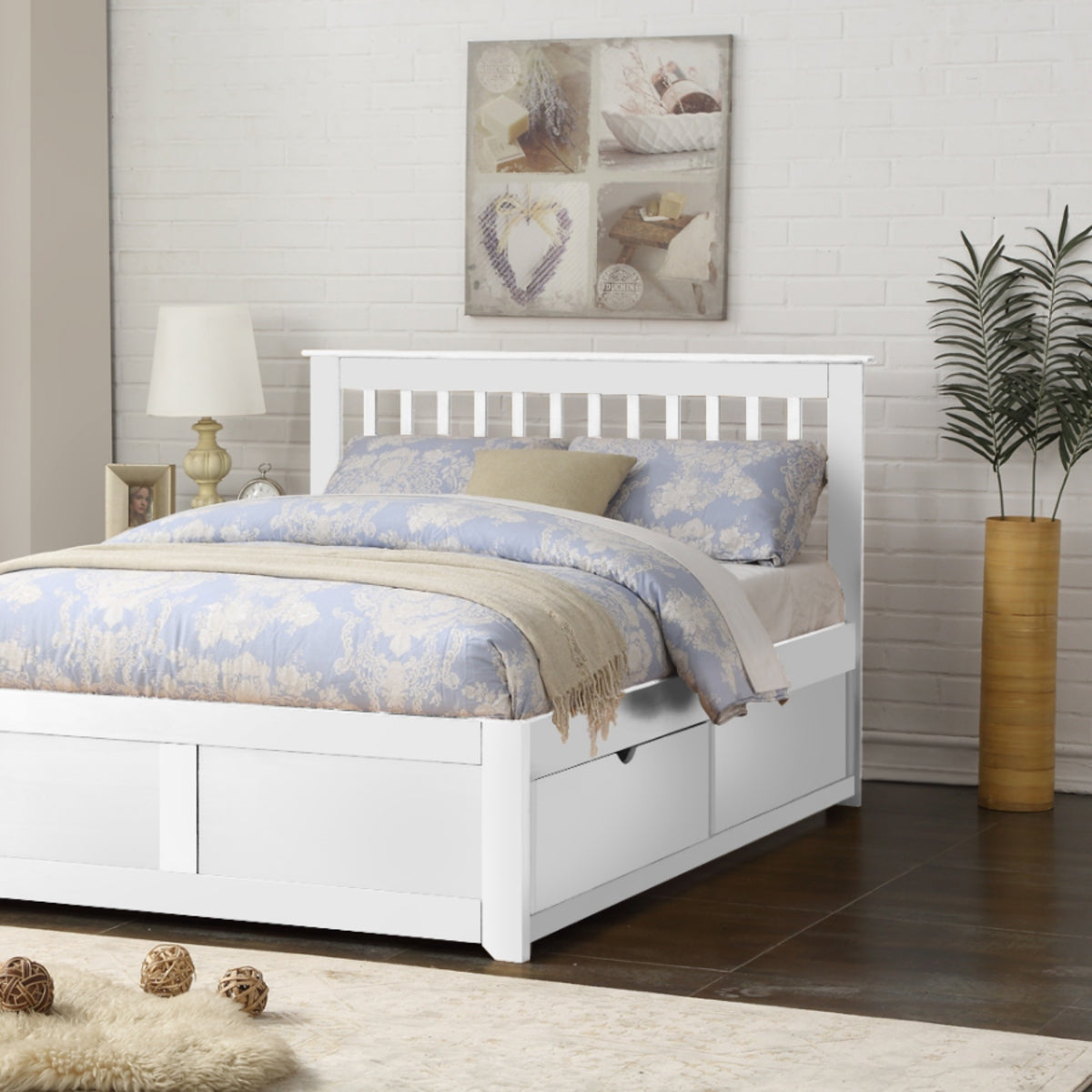 2026 Preston Hardwood Bed Frame with Fixed Drawer in White Finish