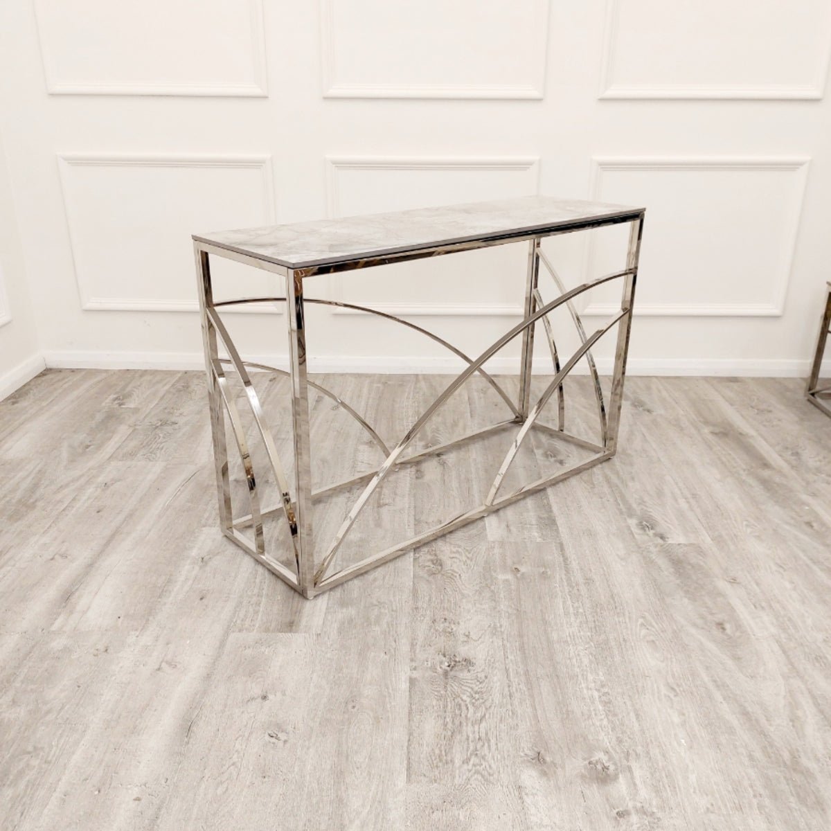 2026 Stella Chrome Console Table with Stomach Ash Grey Sintered Top