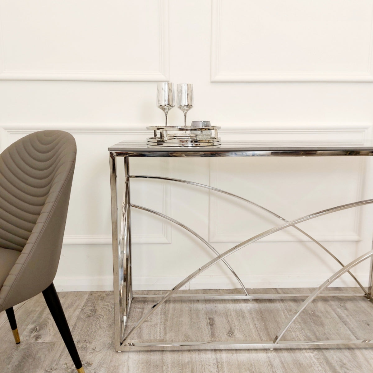 2026 Stella Chrome Console Table with Stomach Ash Grey Sintered Top