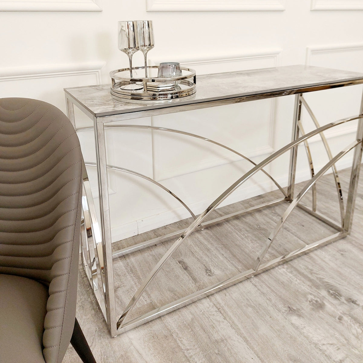2026 Stella Chrome Console Table with Stomach Ash Grey Sintered Top
