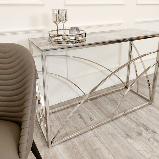 2026 Stella Chrome Console Table with Stomach Ash Grey Sintered Top