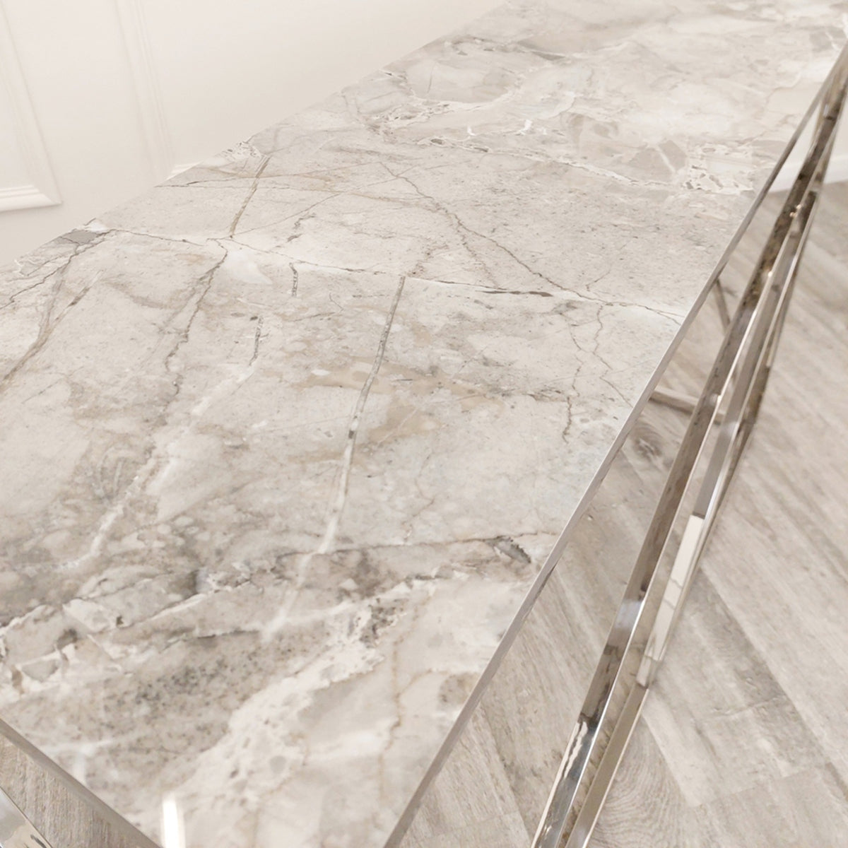 2026 Stella Chrome Console Table with Stomach Ash Grey Sintered Top