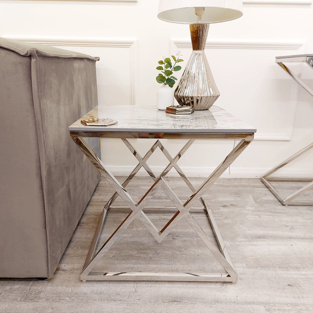2026 Vesta Chrome Lamp Table with Stomach Ash Sintered Stone Top
