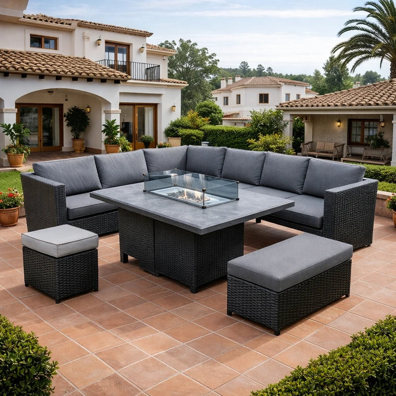 2026 Madrid 9-Seater L-Shaped Luxury Black Rattan Patio Set with Fire Pit Table