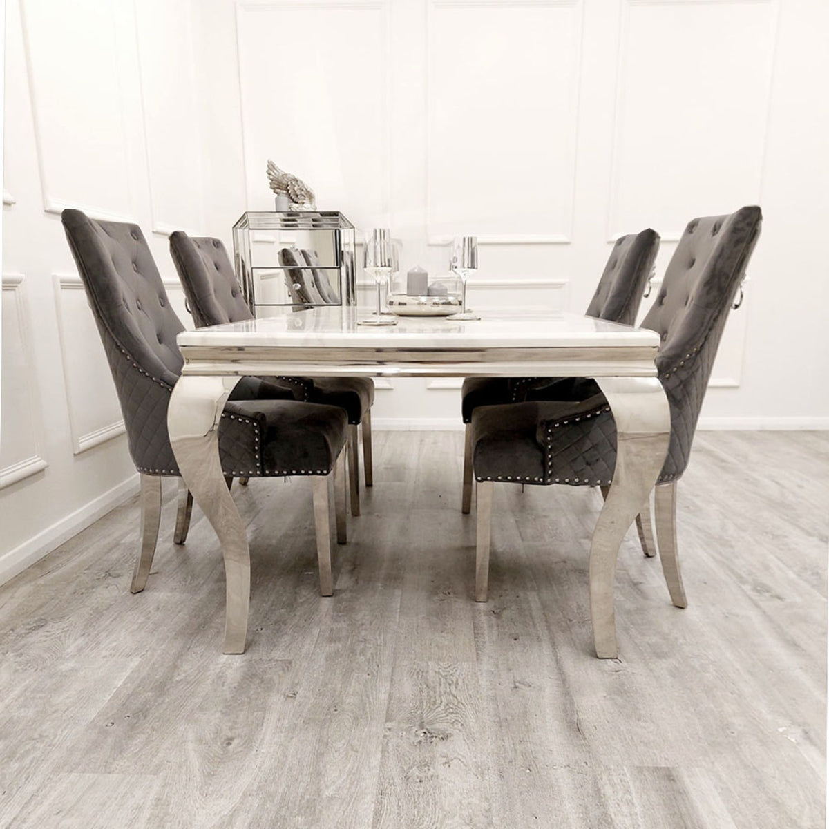 2026 Louis Chrome Dining Table in White Marble