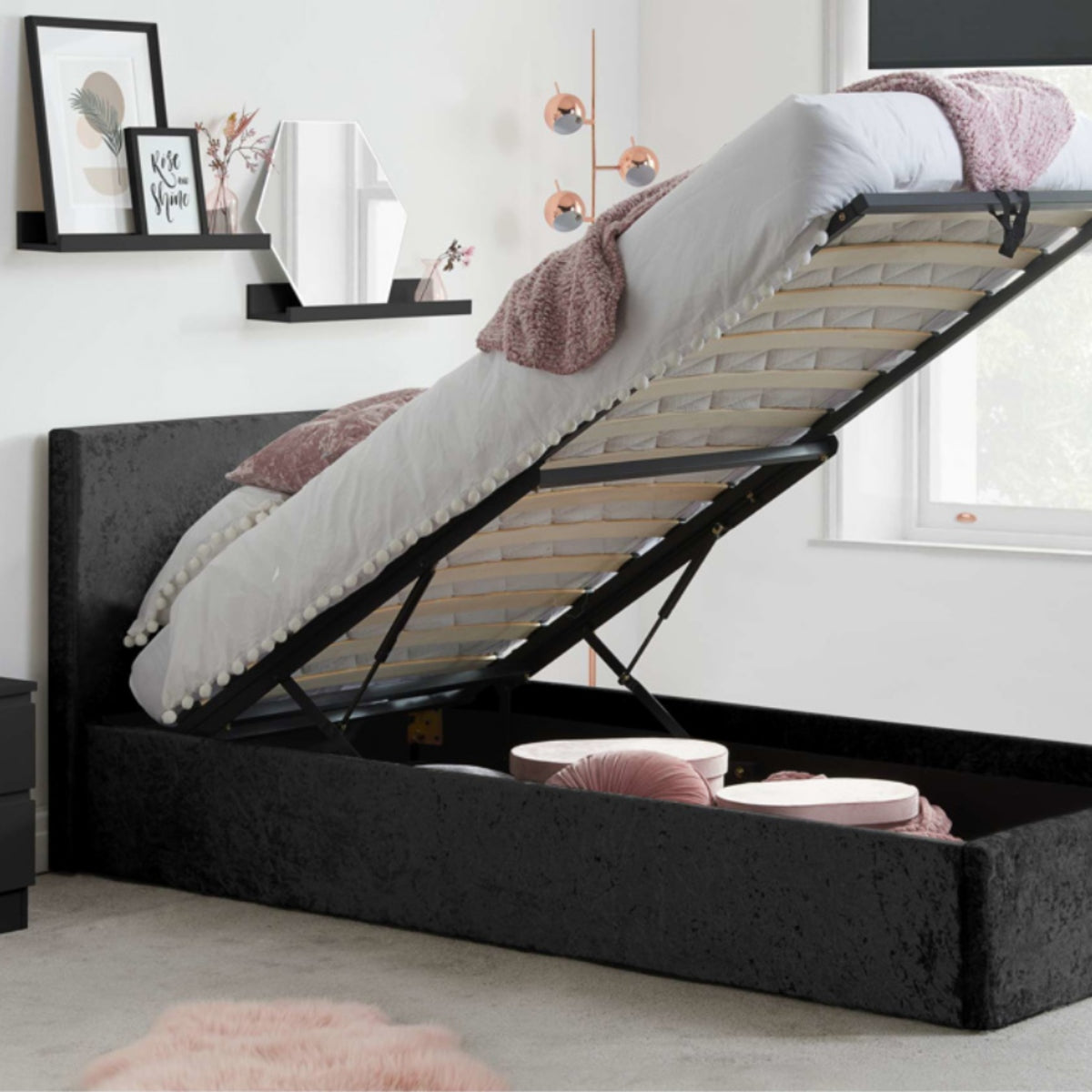 2026 Berlin Fabric Ottoman Bed - Black Crushed Velvet