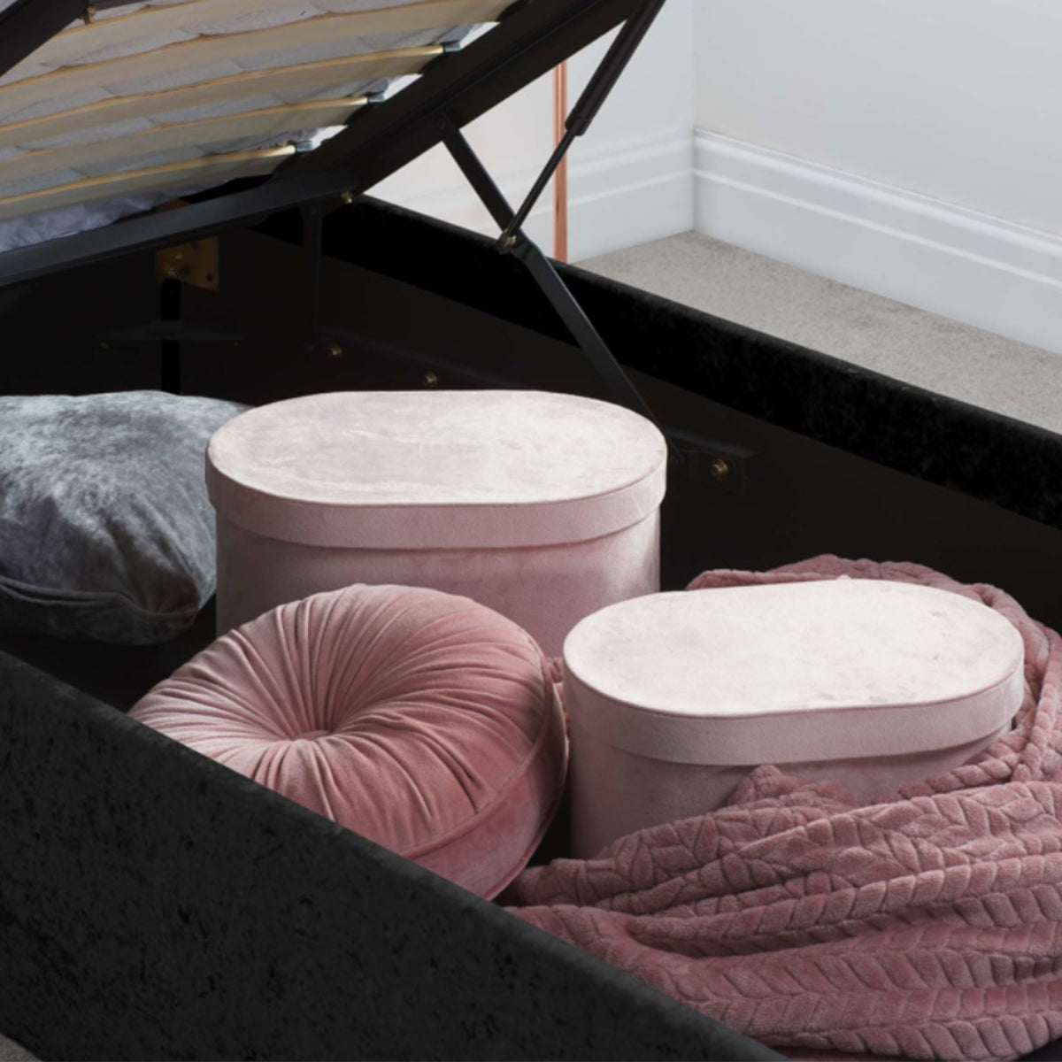 2026 Berlin Fabric Ottoman Bed - Black Crushed Velvet