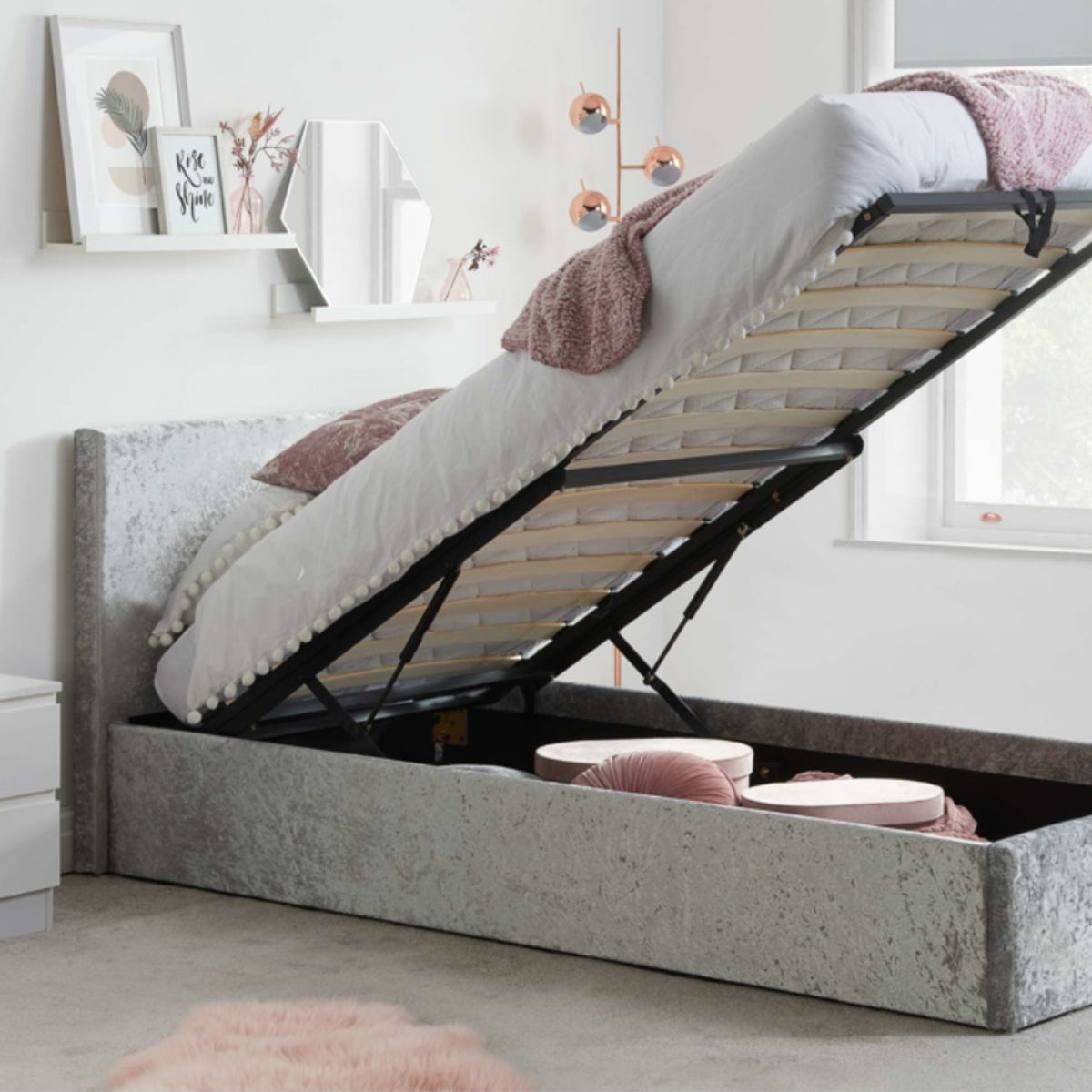 2026 Berlin Fabric Ottoman Bed - Steel Crushed Velvet