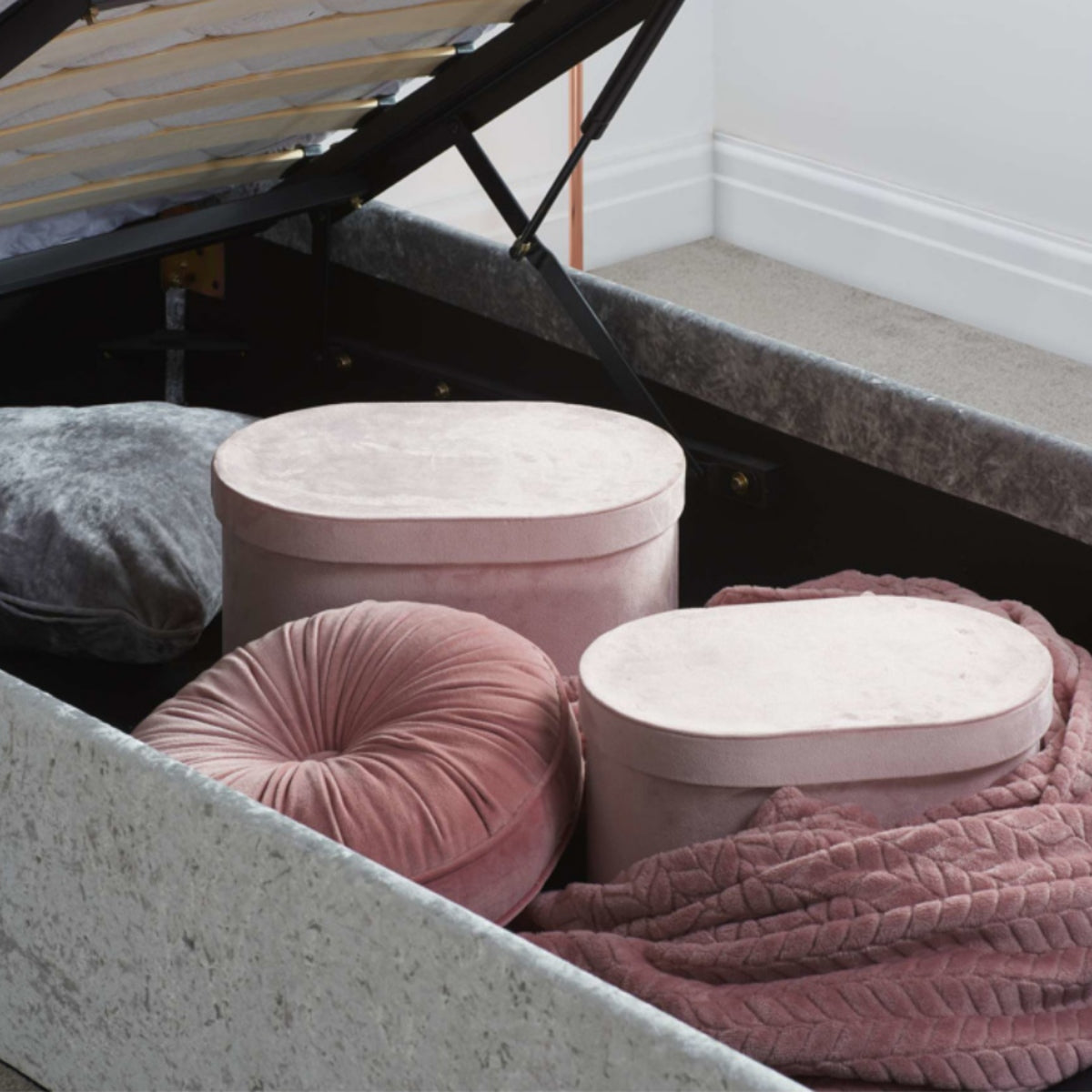 2026 Berlin Fabric Ottoman Bed - Steel Crushed Velvet