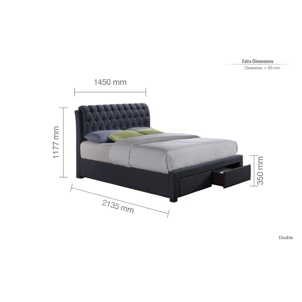 2026  Valentino 2 Drawer Bed - Charcoal