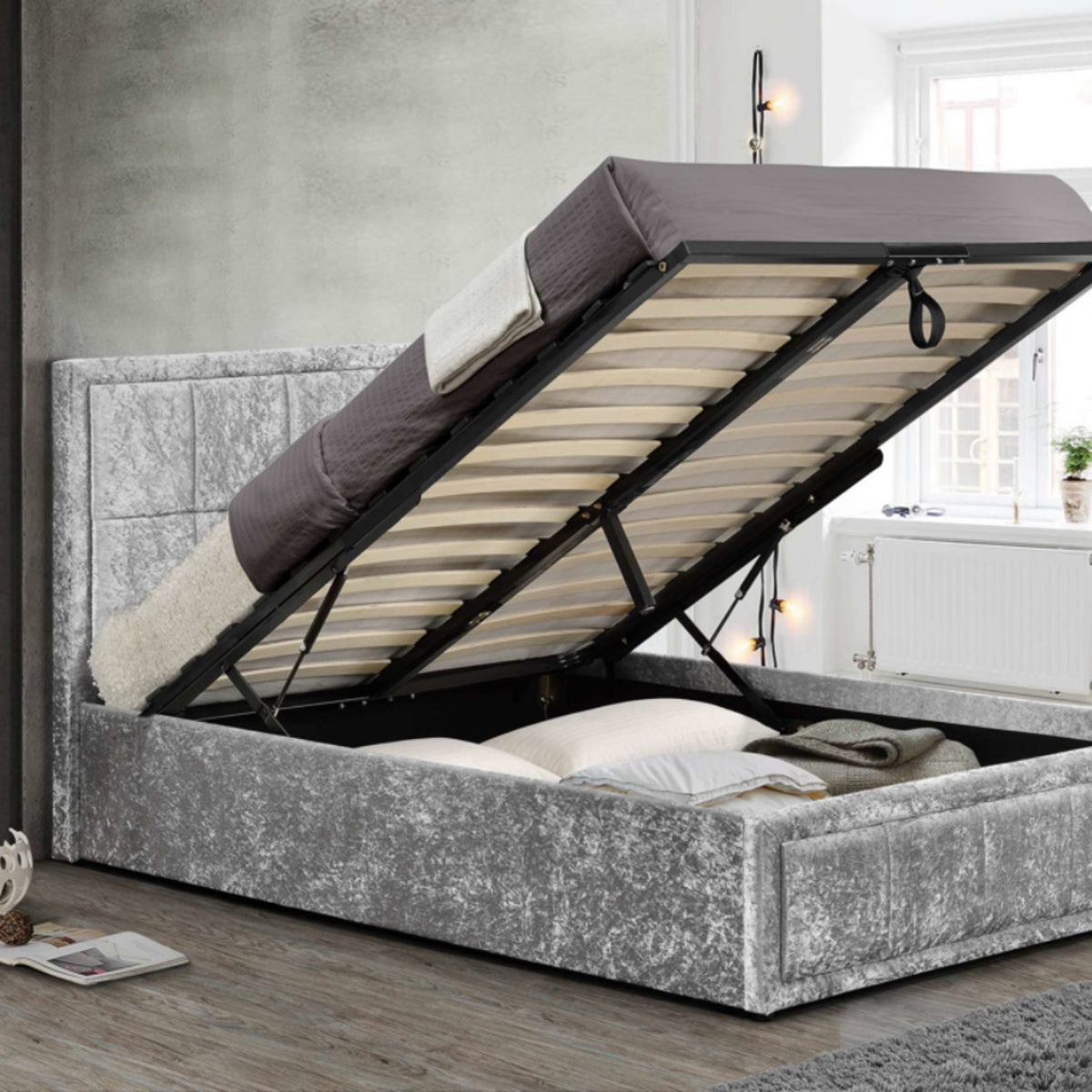 2026 Hannover Fabric Ottoman Bed - Steel Crushed