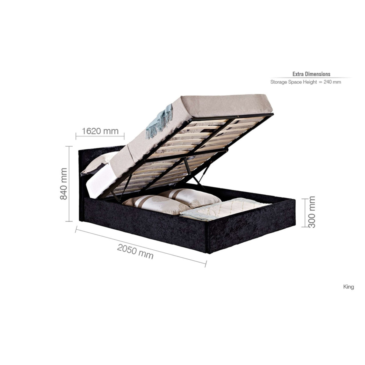 2026 Berlin Fabric Ottoman Bed - Black Crushed Velvet