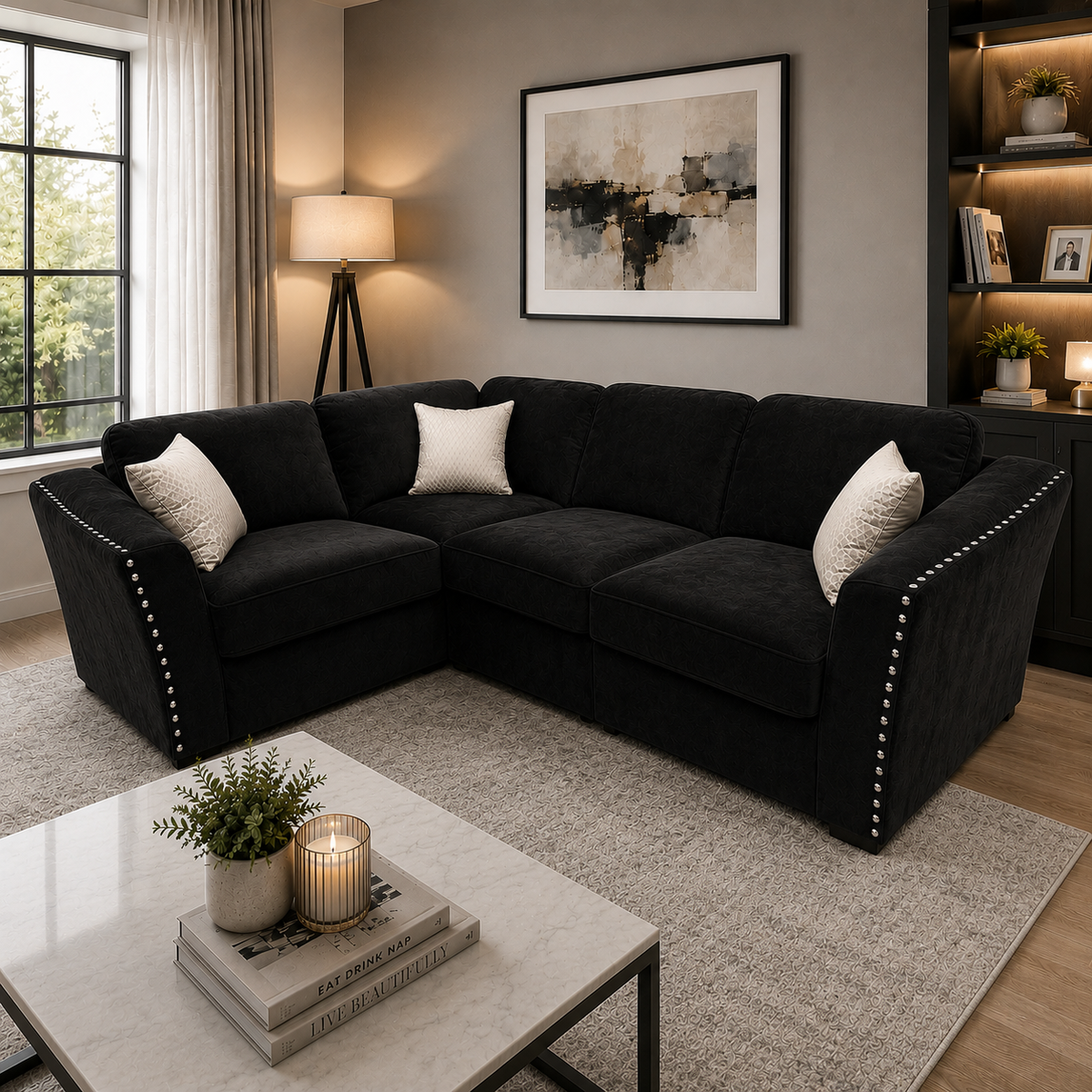 2026 Larkhall 4 piece Corner Sofa -  Ebony Black - Nimbus Beds