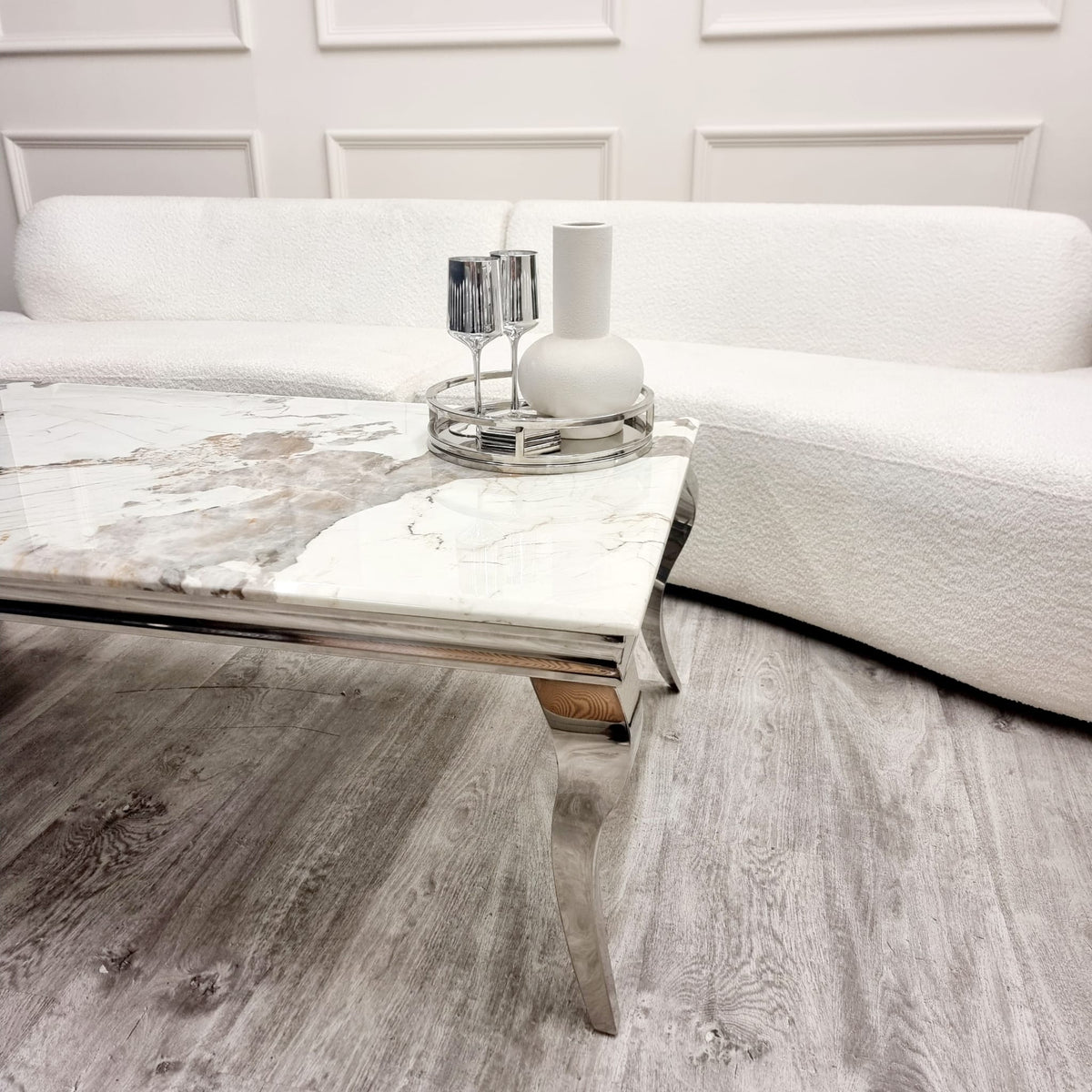 2026 Louis Chrome Coffee Table in White Marble