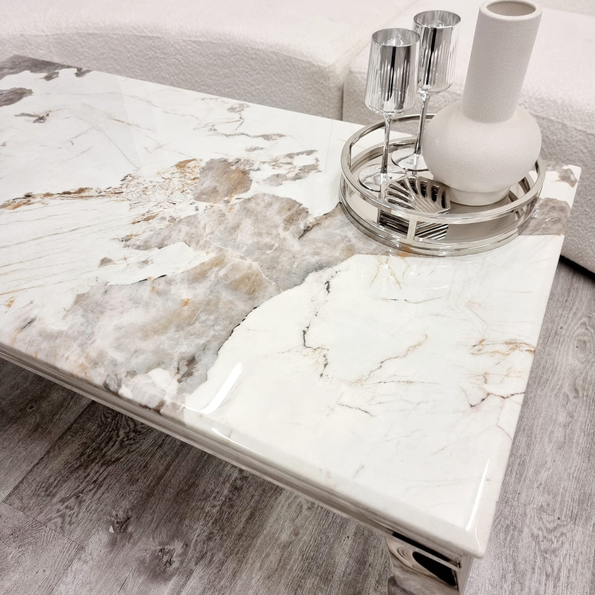 2026 Louis Chrome Coffee Table in White Marble