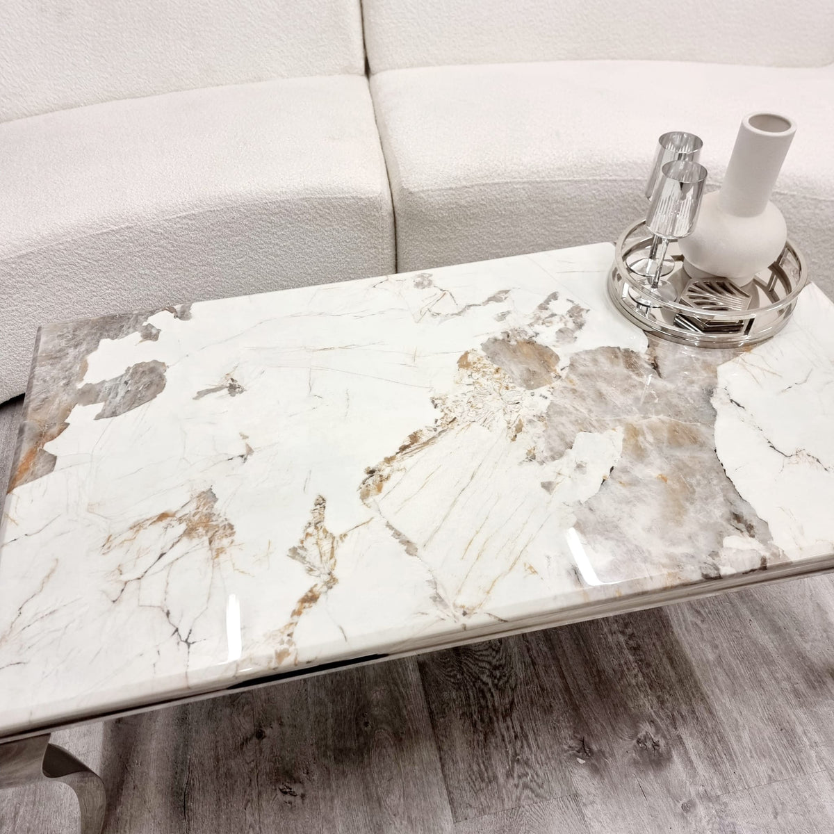2026 Louis Chrome Coffee Table in White Marble