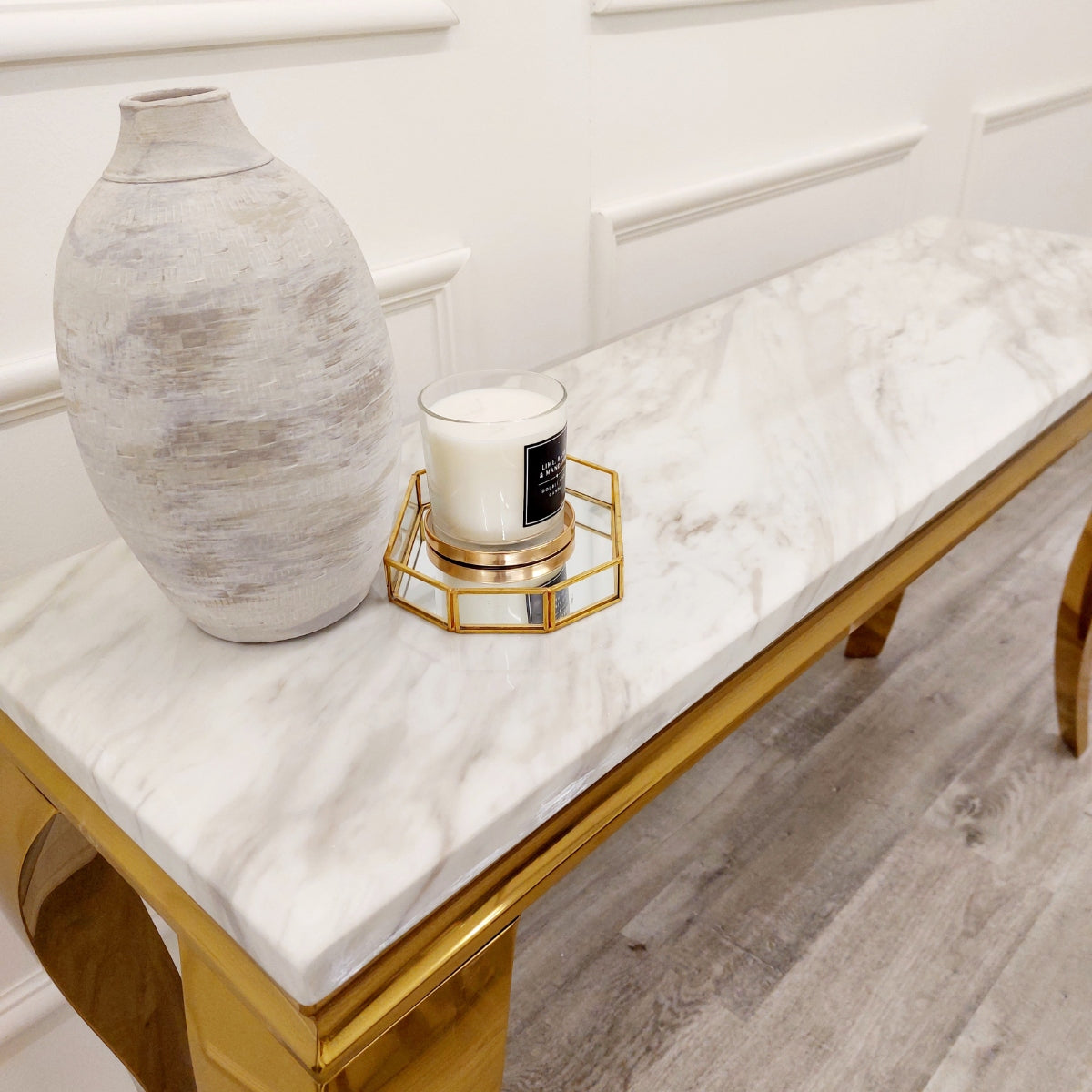 2026 Louis Gold Console Table in Polar White Sintered Stone