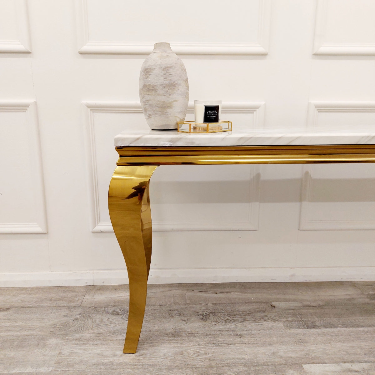 2026 Louis Gold Console Table in Polar White Sintered Stone