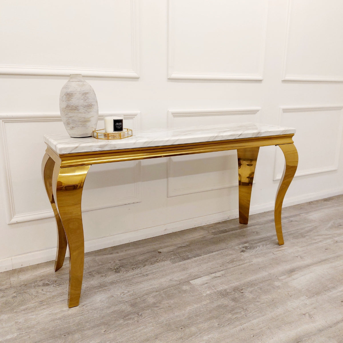 2026 Louis Gold Console Table in Polar White Sintered Stone
