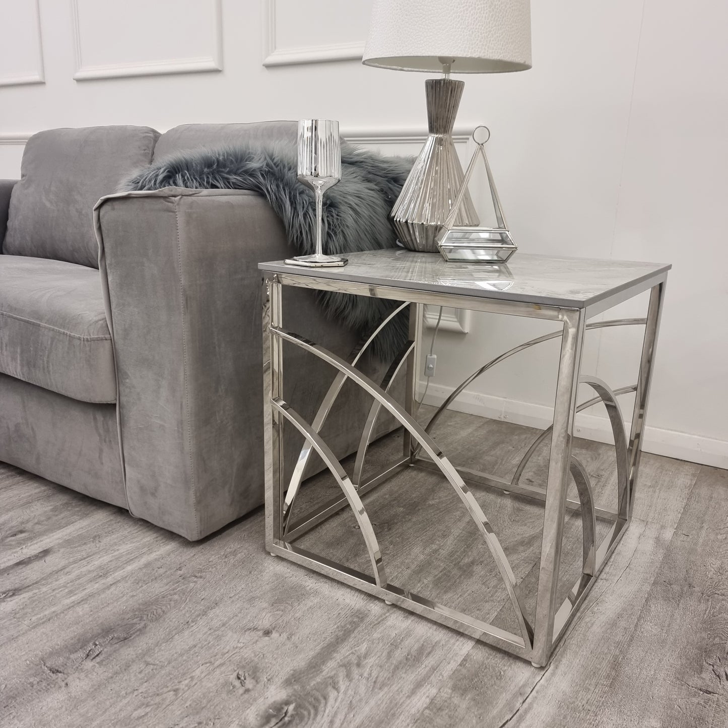 2026 Vesta Chrome Lamp Table with Stomach Ash Sintered Stone Top